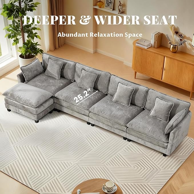 SoarFlash 149.61" Chenille Sectional Sofa, Comfy L Shaped Modular Coush Sofa with Ottoman, Modern 4 Seat Couch Deep Seat Sofa Set for Living Room,Grey