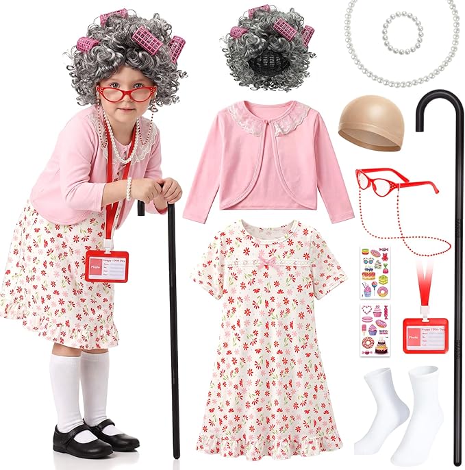 VGOFUN Old Lady Costume for Kids,100 Days of School Costume for Girls,100th Day Grandma Costume Granny Cosplay Dress Up Ou...