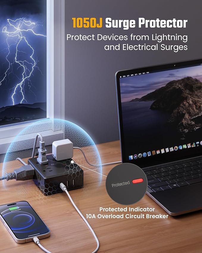 6Ft Extension Cord with Multiple Outlets, Flat Plug Power Strip Surge Protector, 8 Outlet 4 USB Ports (2 USB C), Wall Mountable, Desk Charging Station for Home Office, College Dorm Room Essentials
