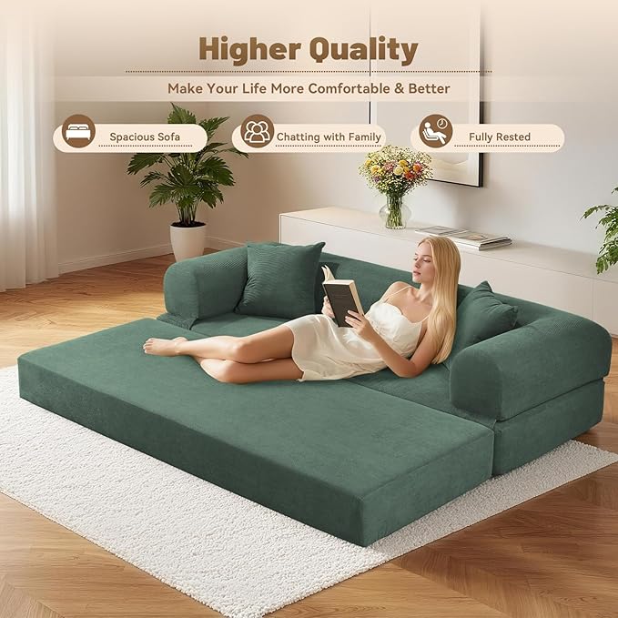 GJQ 80" Convertible Sofa Bed,Corduroy Folding Sleeper Sofa Bed Queen with Pillows & Storage,Modular Pull Out Couches Boneless Couch for Living Room,Compressed Couch in a Box,Light Green