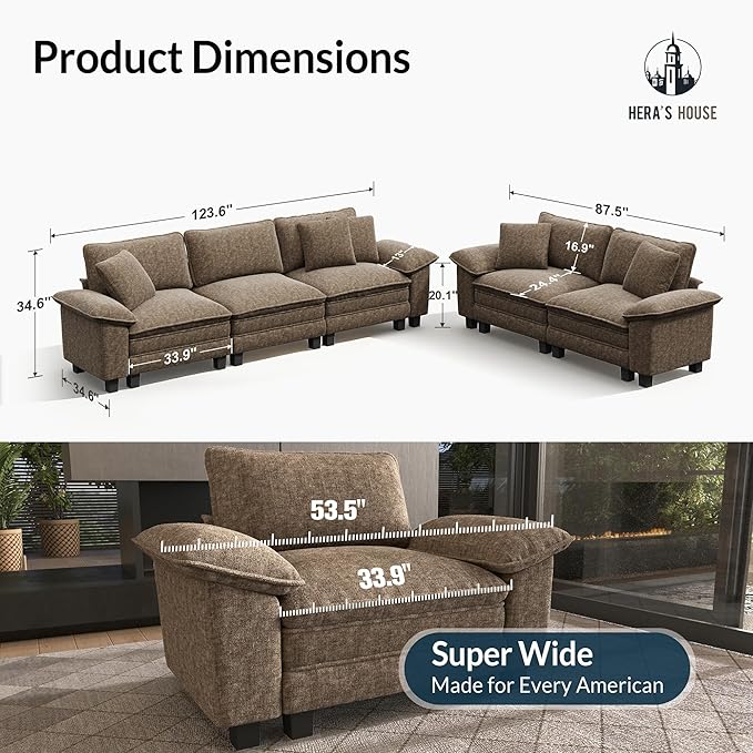 HERA'S HOUSE 2 Pieces Modular Sectional Sofa Sets, Oversized Couch Set with Loveseats, Comfy Cloud Couches with Throw Pillows, 5-Seater Deep Seat Sofa for Living Room, Chenille Taupe