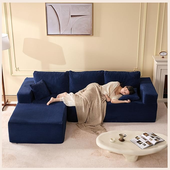 Afuson 107" Boneless Couch with Deep Seat, Modular Sectional Sofa, Cloud Sectional Couch for Living Room, No Assembly Required, Corduroy, L-Shape Left, Blue
