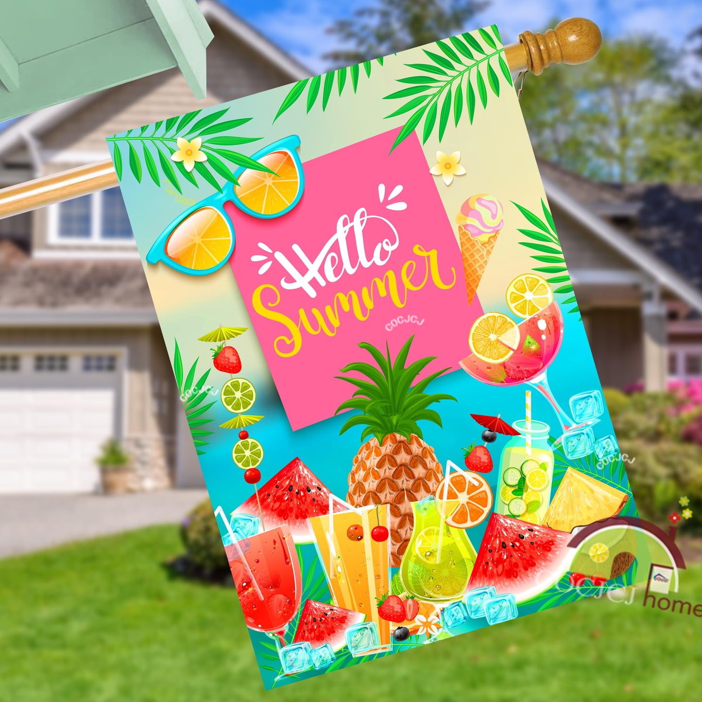 Hello summer flags 28 x 40 double sided watermelon，Welcome House Flag Double Sided Bee Yard House Seasonal Farmhouse Outdoor Decoration 28 x 40 Inch