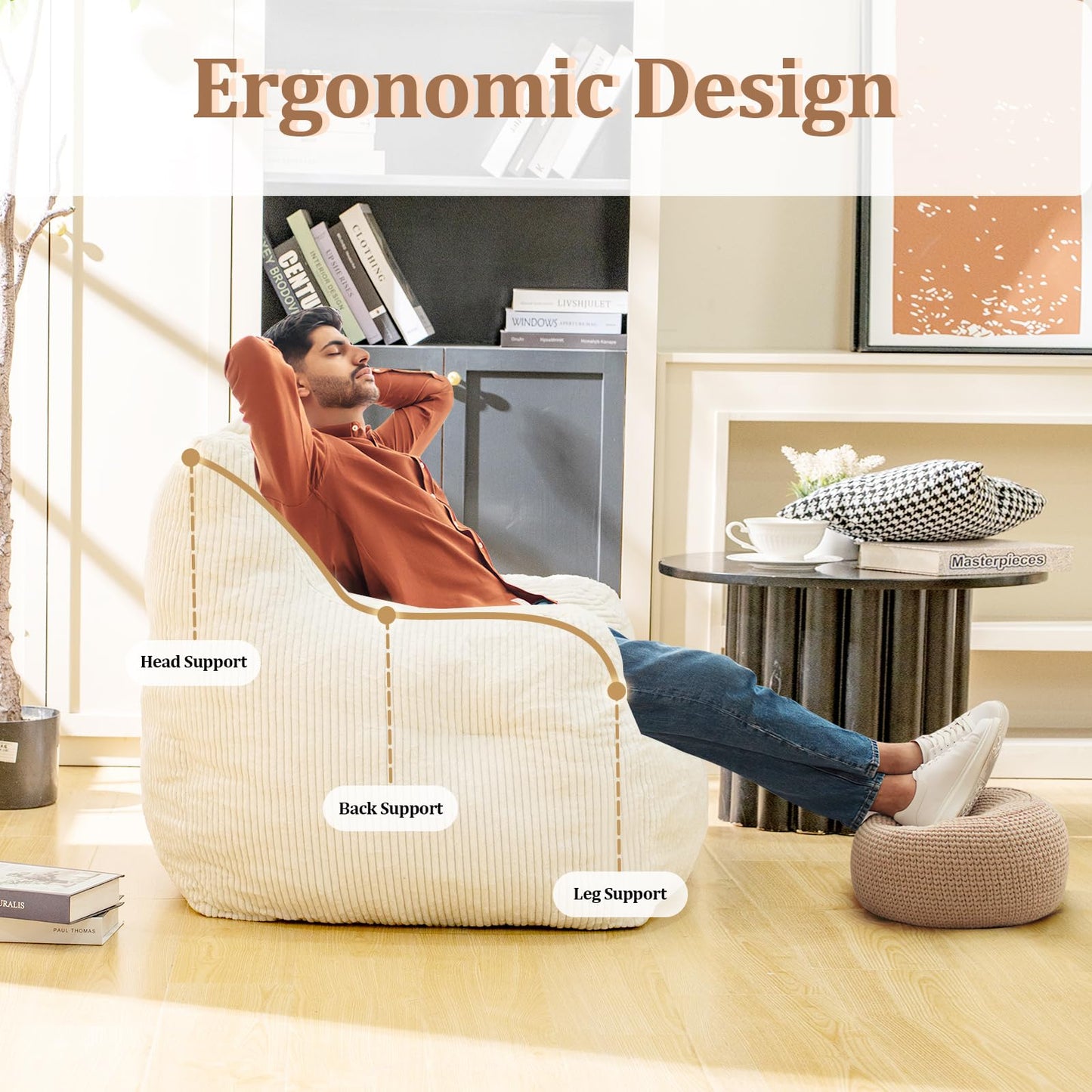 Stmoze Bean Bag Chair for Adults - Faux Fur, Fluffy and Comfy with Filler, Big Sofa for Reading, Gaming (Beige, Oversize)
