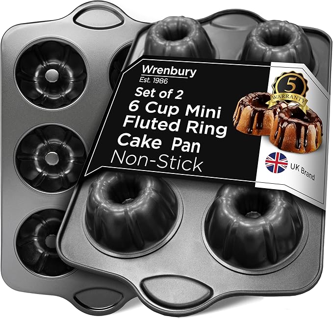 Wrenbury Set of 2 Nonstick Mini Buntz Cake Pan Non Stick for Baking - 6 Cup Bundlette Fluted Cake Tin for Small Cakes - PFOA Free and Dishwasher Safe - 3.75” Cup Width