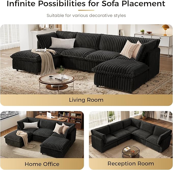 KKL Sectional Modular Couch for Living Room, L Shaped Corduroy Couches with 1 Ottomans, 4 Seater Oversized Sofa, Soft Fabric Modern Sofa, Black