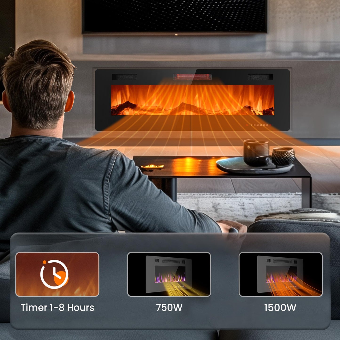 Joy Pebble 50 Inch Electric Fireplace Inserts, in-Wall Recessed and Wall Mounted 750/1500W Fireplace Heater, Touch Screen, Remote Control with Timer, Adjustable Flame Color and Speed