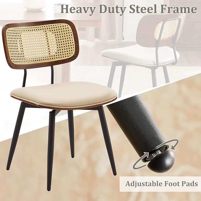 Quenvo Swivel Dining Chairs with Rattan Back, Rattan Leather Dining Chairs with Swivel Metal Legs, Mid-Century Modern Synthetic Leather Upholstered Kitchen Chair, Set of 6, Beige