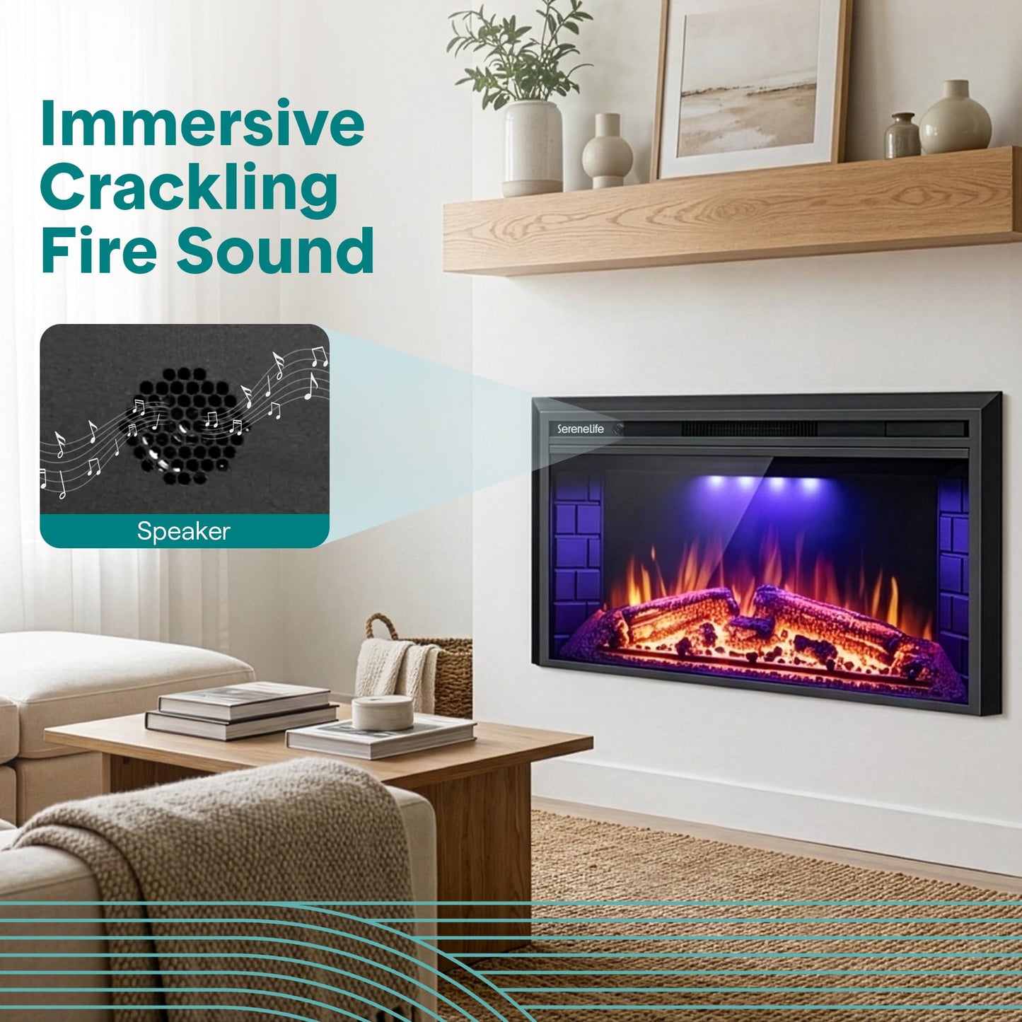 SereneLife Electric Fireplace Heater with LED Flame & Log Effects, Smart Wi-Fi, Touch Screen Panel, Remote Control, 3 Color Flame Modes, Wall Mounted Fire Place, Quiet Operation, Overheat Protection