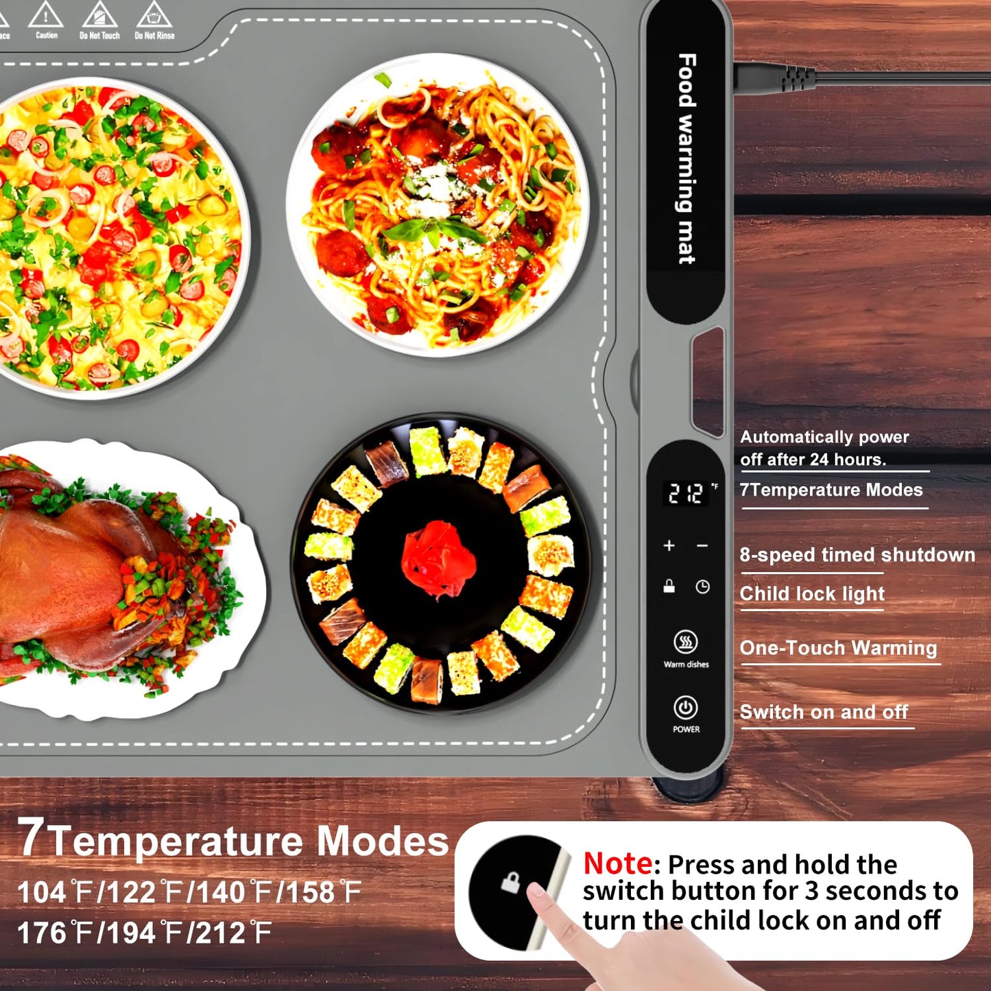 Electric Warming Tray&Food Warming MatFast Full Surface Electric Warming Tray with 7 Temp-Settings & 8H Timer, Portable Roll Up Food Warmer for Gatherings (Grey, 24''X15'')