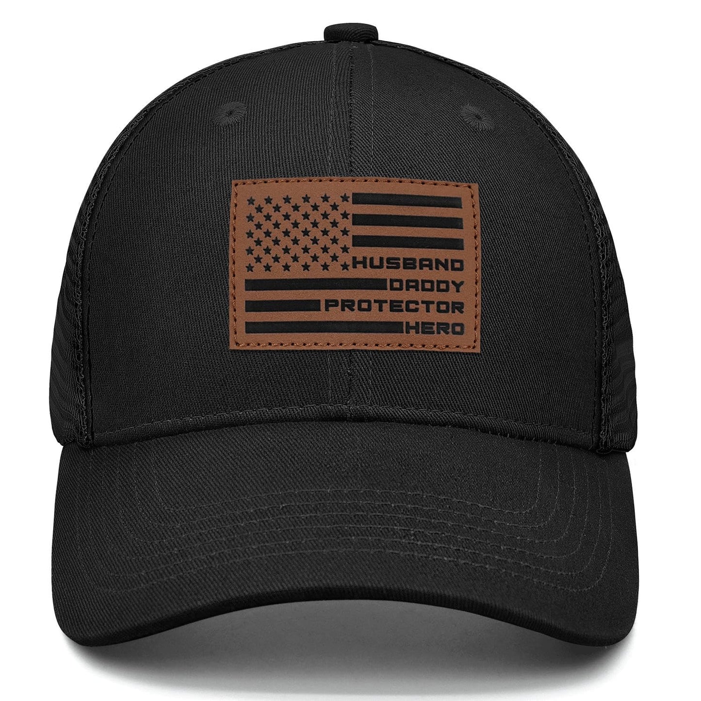 Husband Daddy Protector Hero Hat – Best Gift for Husband – USA Flag Leather Patch Cap for Dad, Veteran, Patriot, Hero – Birthday, Anniversary