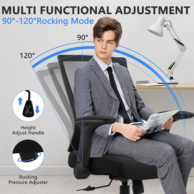 CLATINA Big and Tall Office Chair Heavy Duty Ergonomic Desk Chair 500lbs with Flip-up Arms & Wide Thick Seat Cushion Home Executive Swivel Mesh Chair for Study, Conference, Black (2 PK)