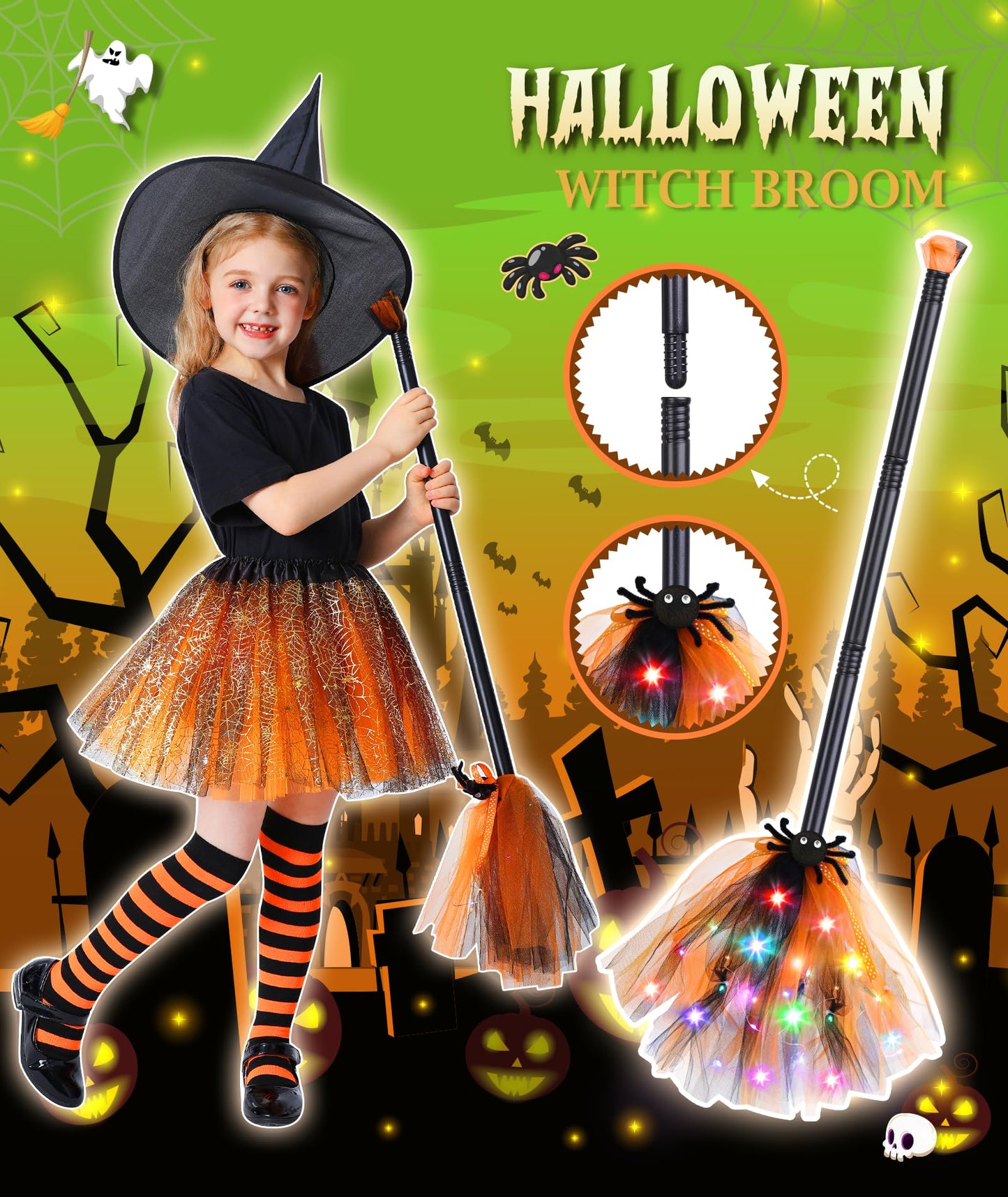 Jeowoqao Girls Halloween Dress up，Light up Witch Costume for Girls, Witch Skirt Broom Hat Treat Bag for Toddler Aged 3 4 5 6