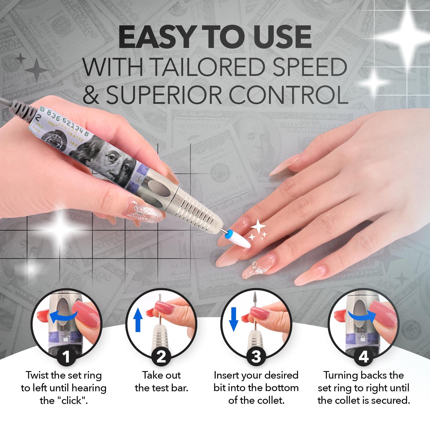 M Max - Nail Drill Professional - 2-in-1 Brushless Motor Nails Drill Machine - Electric, Cordless, Aluminium Alloy Casing, 35000