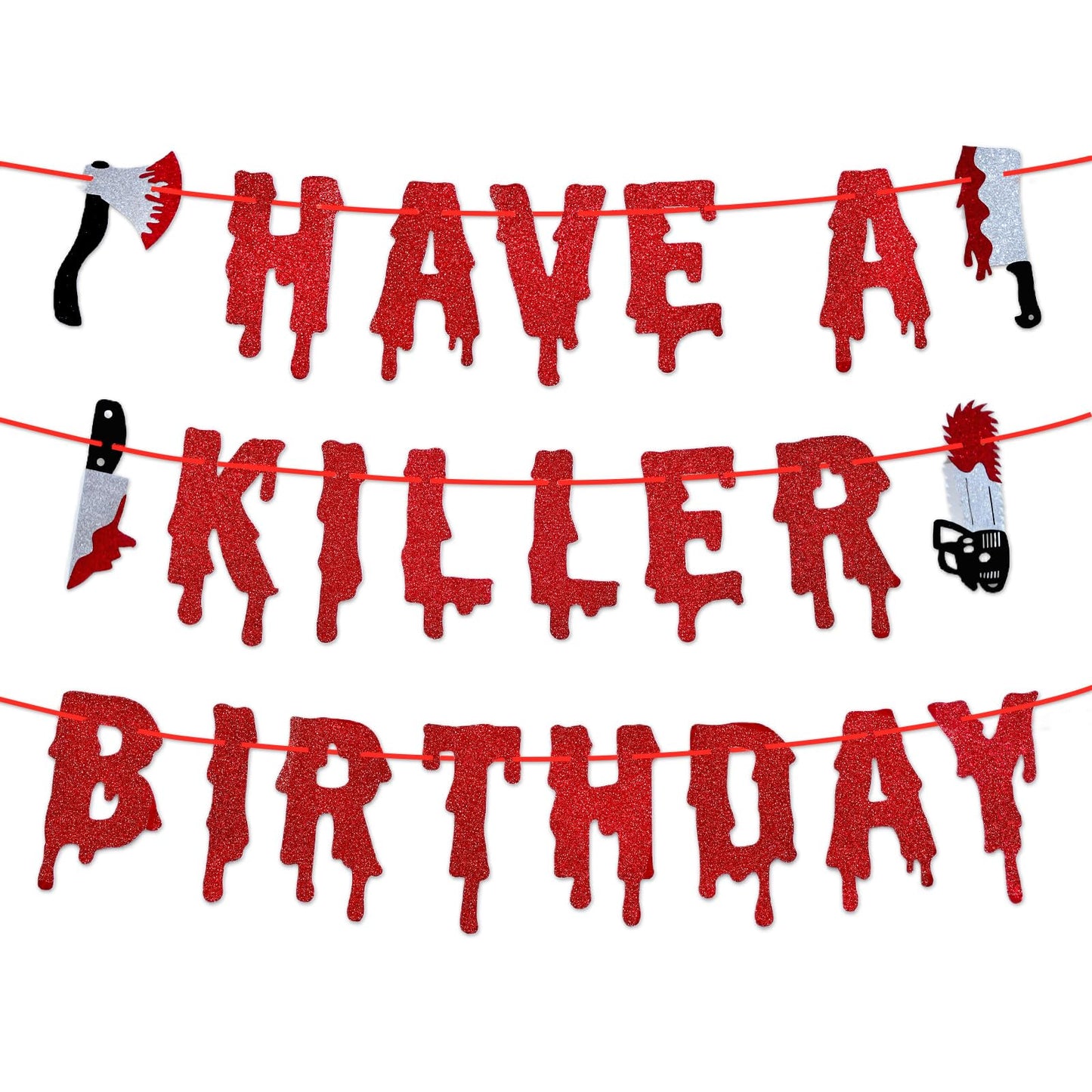 Red Glitter Have a Killer Birthday Banner - Pre-Strung Halloween Hanging Paper Garland Bunting Banner Bloody Decorations, Photo Backdrop for Wall Home Mantel Office Wall Scary Party Supplies