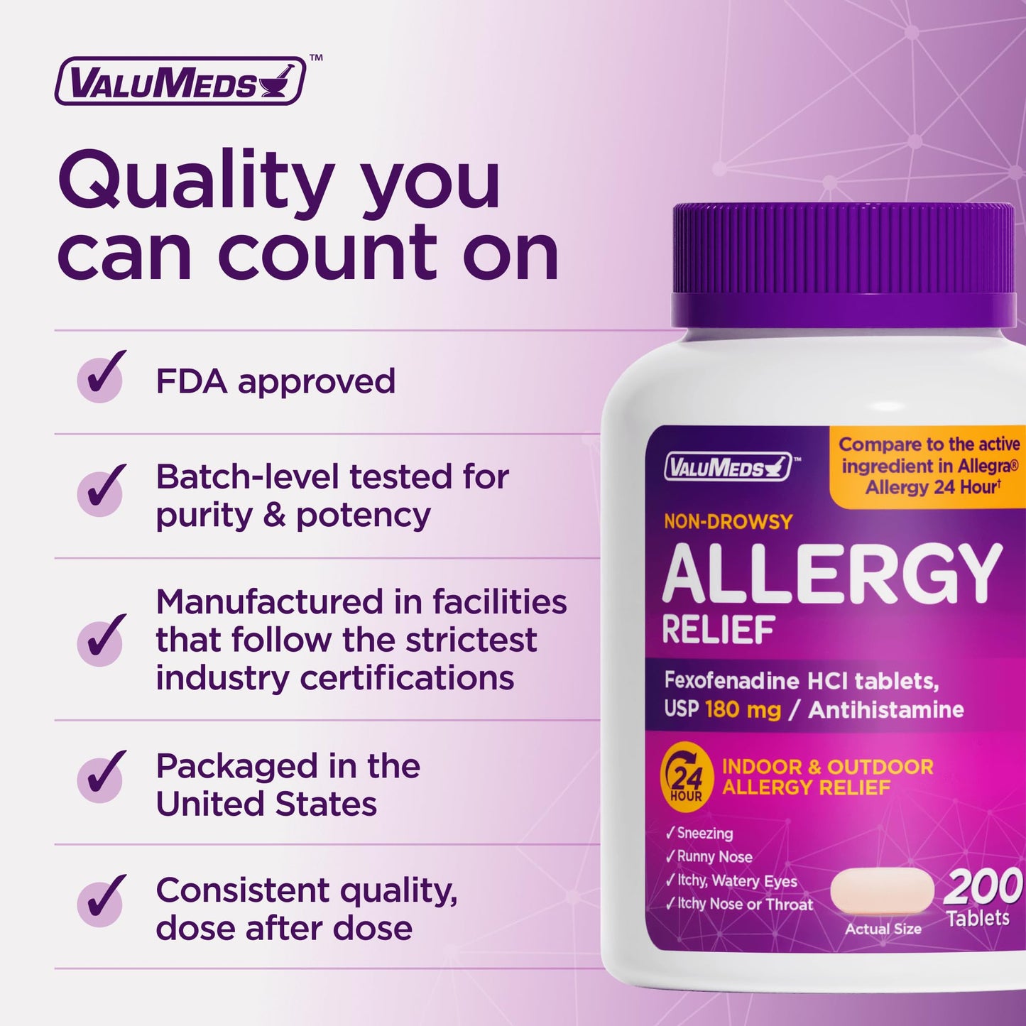 ValuMeds 24-Hour Allergy Relief Fexofenadine Hydrochloride 180mg | Non-Drowsy Antihistamine Generic Medicine for Allergies, Hay Fever, Itchy Eyes for Kids, Adults | Compare to Allegra (200-Count)