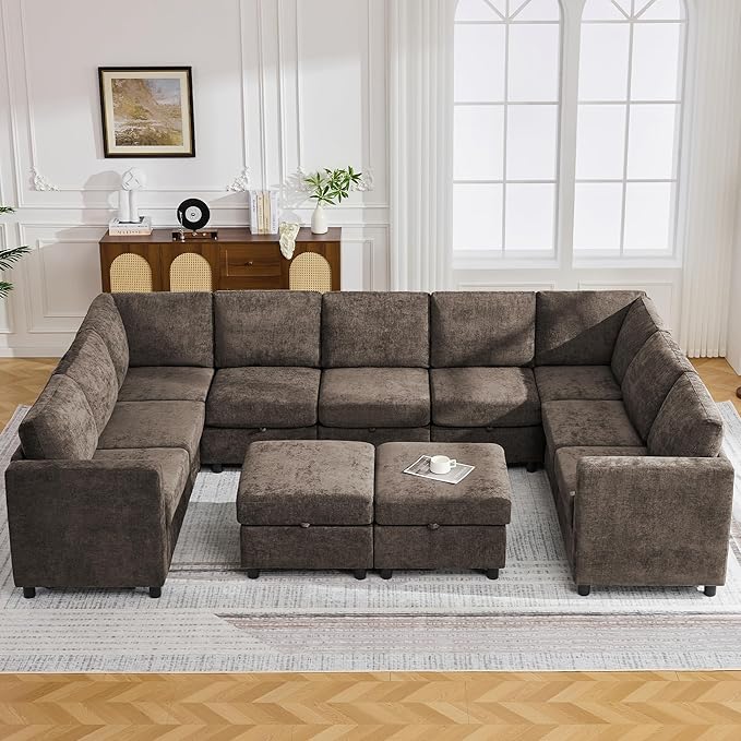 127'' Oversized U Shaped Modular Sofa, Sectional Couches with Storage for Living Room, Modern 9 Seater Cloud Sectional Couch with Movable Ottoman, Chenille Brown