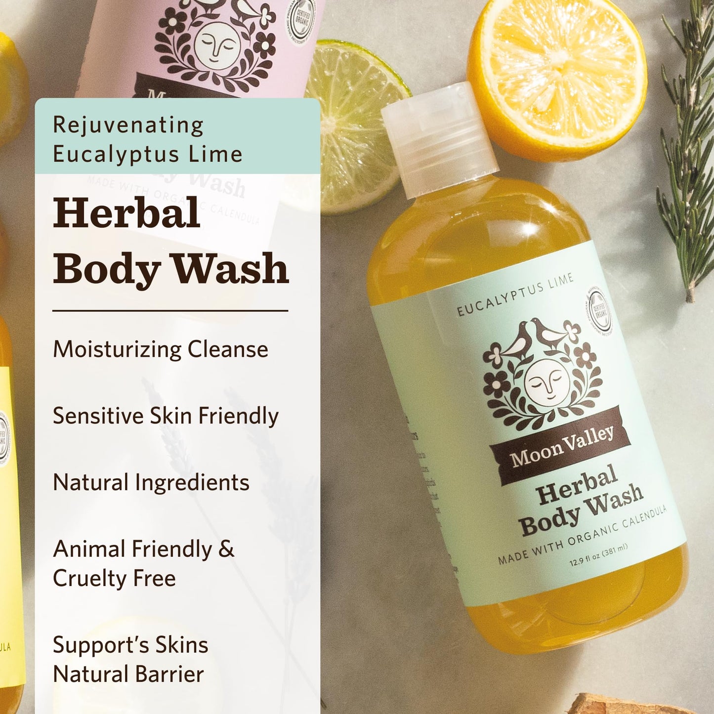 Herbal Body Wash, Eucalyptus Lime by Moon Valley, All Natural Ingredients, No Parabens, Vegan, Moisturizing Essential Oils, Two