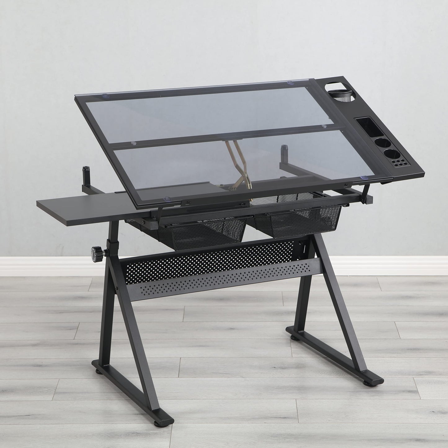 GOWE Black Adjustable Tempered Glass Drafting Printing Table with Chair