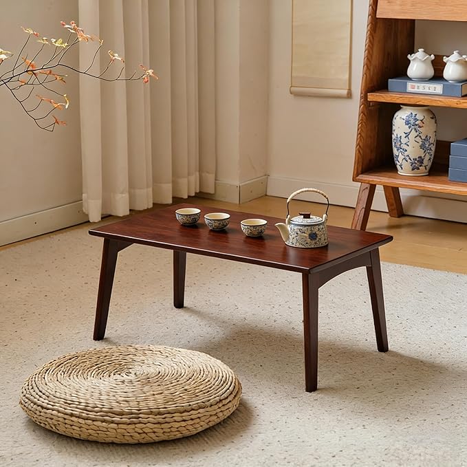 JIKUGO Japanese Floor Table No Assembly Required Bamboo Folding Walnut Coffee Table Bedroom 26x15.8x11.8in Furniture Low Tea Table for Sitting on The Floor Chestnut Large