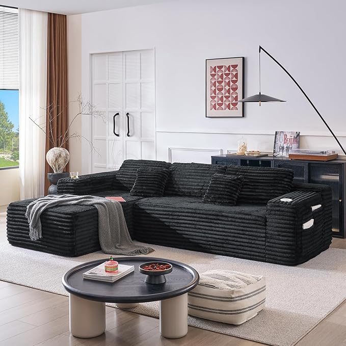 Cloud Sectional Couch with L-Shape Chaise, Modern Modular Sofa with Deep Seat, Built-in Cup Holder & Storage Pocket for Living Room Bedroom, No Assembly Required (Black Grey, Right Sitting Chaise)