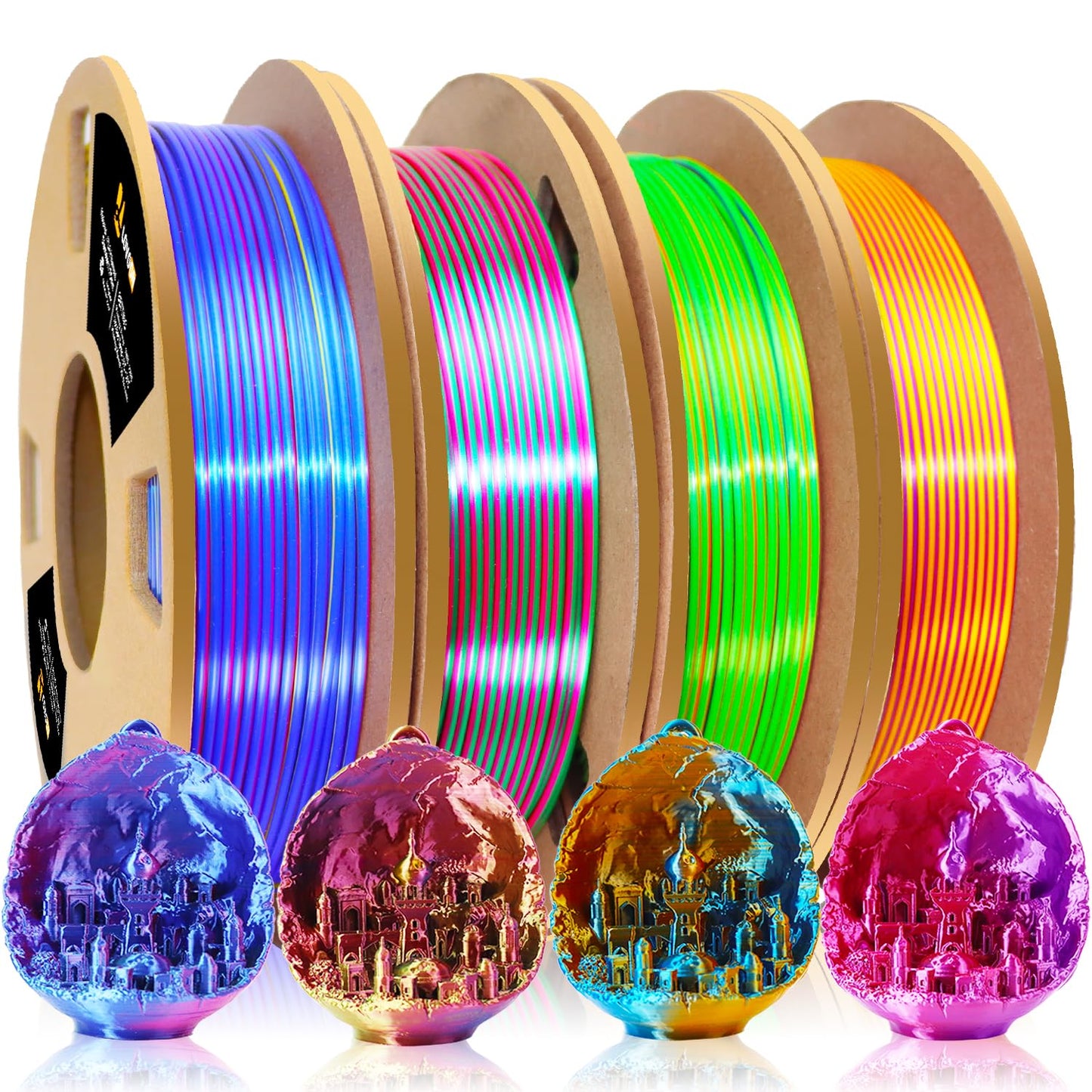 LOVOON 3D PLA Filament 1.75mm Bundle, Tricolor 3D Printer Filament Bundle, Rainbow Silk PLA Filament Bundle, PLA Filament for 3D Printer 3D Pen, Dimensional Accuracy +/-0.02mm, 200g x 4 Spools