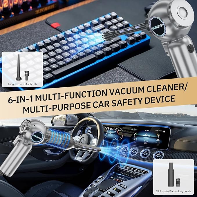 Handheld Car Vacuum Portable Cordless（Equipped with a one-Touch Window Breaker and Seatbelt Cutter ） Car Vacuum Cleaner with 25000Pa Ultra-Strong Suction,Design for Drivers, Home, Pet Hair
