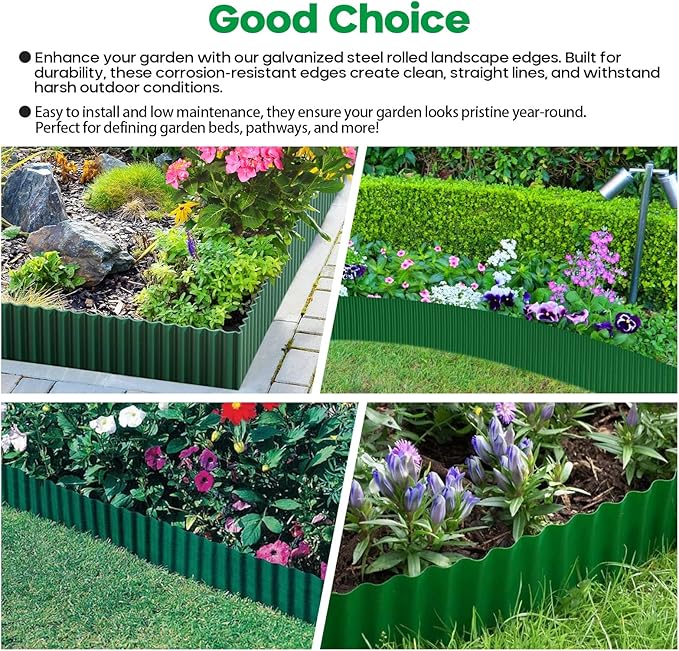 Camitlli Corrugated Metal Garden Edging,Sturdy Tall Landscape Edging Borders with 6pcs Anchor Stakes, Perfect DIY for Flower Beds, Lawn and Pathway,Tree Surrounds,Paver Edges (Green 10"×20FT)