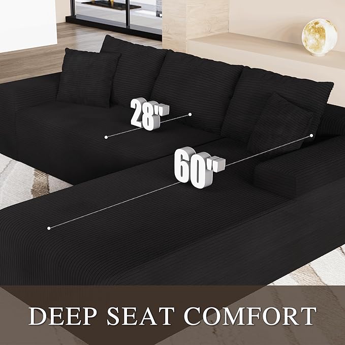 NAYA 106” Modular Sectional Sofa, Cloud Sectional Couch with Deep Seat, Modern Modular L-Shape Sofa Boneless Couch with Chaise for Living Room Bedroom (Black, Sectional Sofa with Right Facing Chaise)
