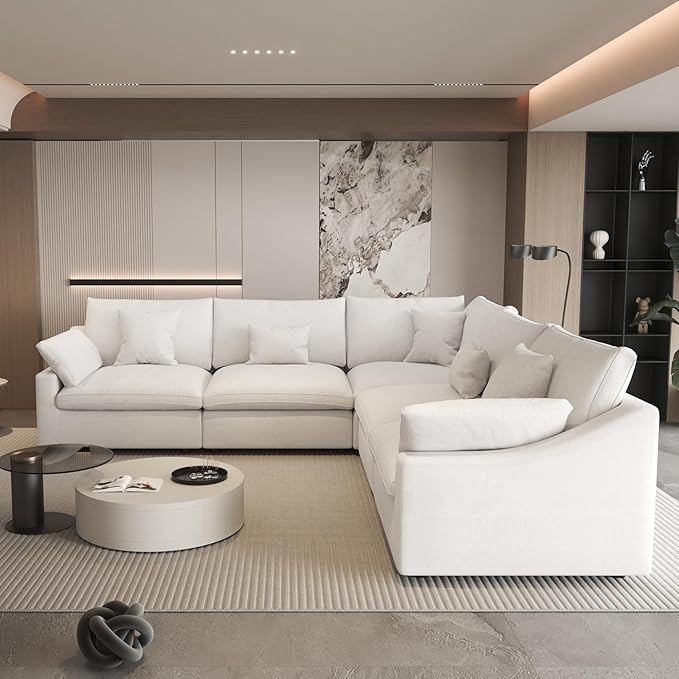 Modular Sectional Sofa,119inch V Shaped Down Filled Cloud Couch,5 Seater Convertible Sofa Living Room Set,Cover Washable and Replaceable Couches for Living Room,White