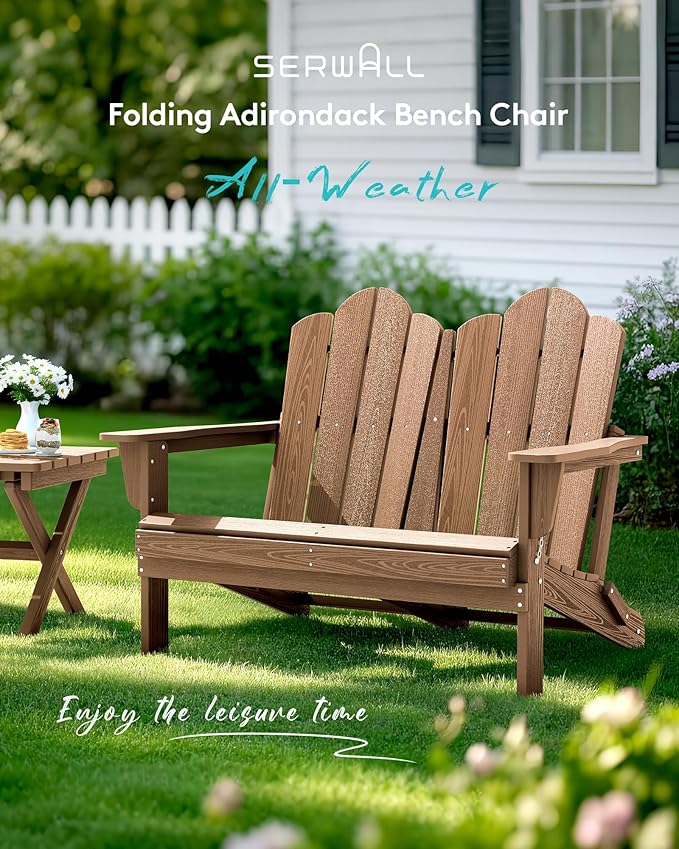 SERWALL 3 Pieces Patio Adirondack Bench Set, 2 Folding Adirondack Bench and 1 Coffee Table Set for Front Porch Garden Balcony Backyard, Brown