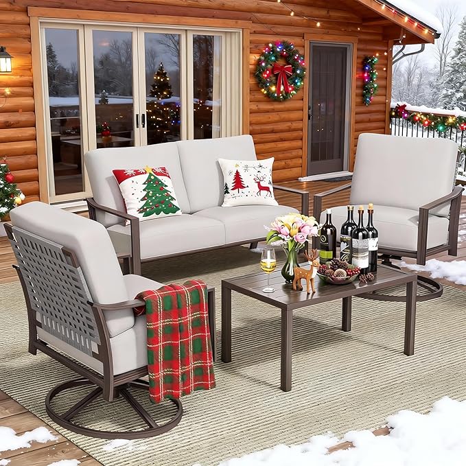 NATURAL EXPRESSIONS 4 Pieces Patio Furniture Sets, Modern Metal Outdoor Conversation Sets with High Back All Weather Hand-Woven Rope Rocking Swivel Chairs, Loveseat, Metal Table, 5.5" Thick Cushions
