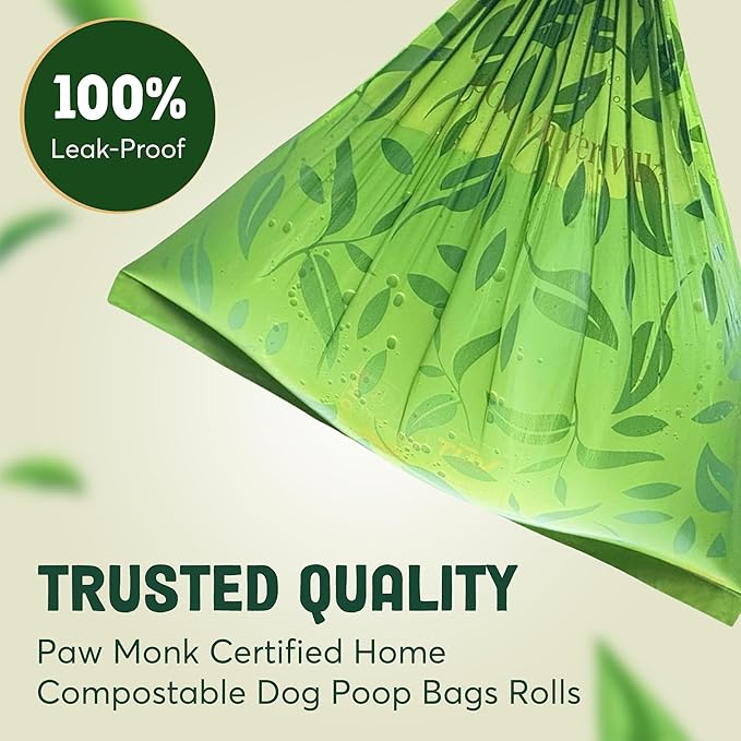 Paw Monk Heavy Duty Certified Home Compostable Dog Poop Bags Rolls – 20 Micron Extra Thick & Leakproof, Easy Open – 120 Count Unscented Plant Based Pet Waste Bags