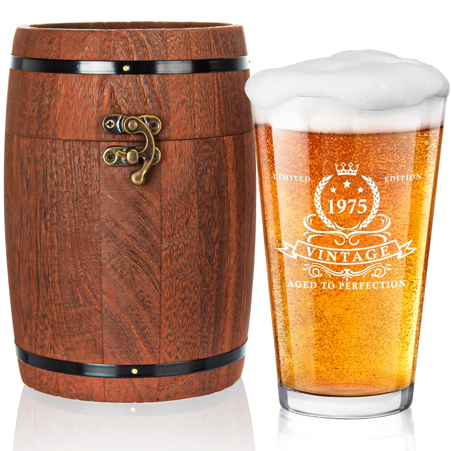 LIGHTEN LIFE 50th Birthday Gifts for Men 16oz,1975 Beer Glass in Barrel Box,50th Birthday Beer Glass,50th Birthday Gift Ideas,1975 Pint Glass for 50 Years Old Dad,Husband,50th Beer Glass