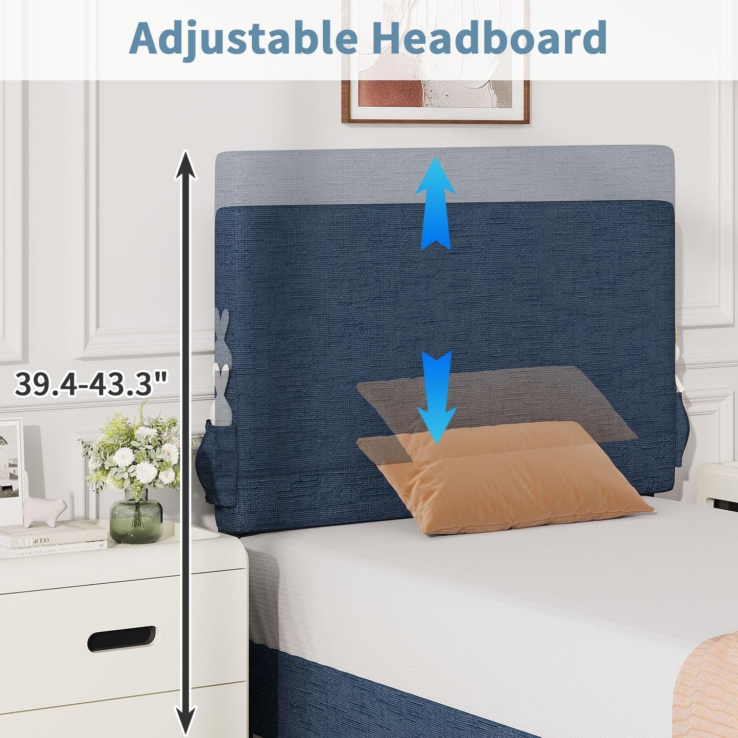Twin Bed Frame with Headboard, Chenille Fabric Upholstered Platform Bed with Strong Wooden Slats, Kids Twin Bed Frame, No Box Spring Needed, Noise Free, Easy Assembly, Blue