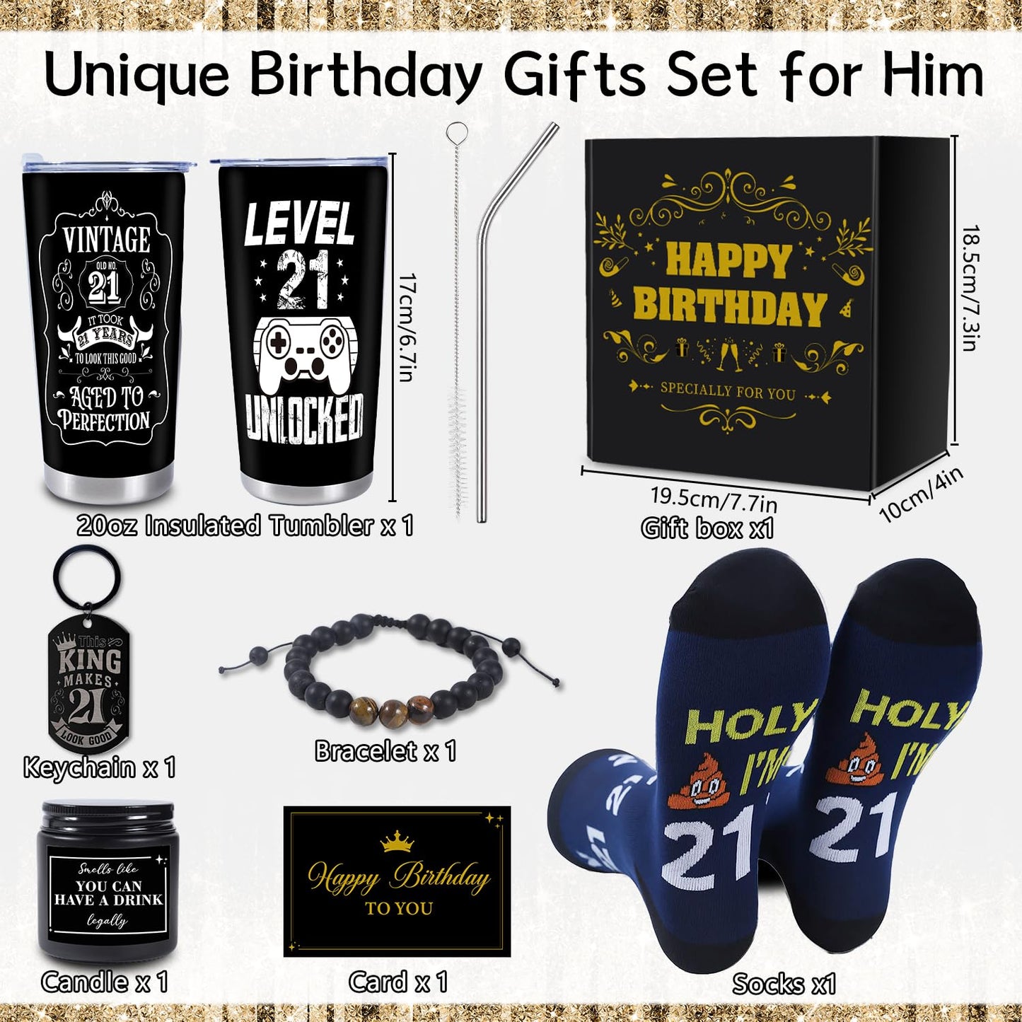 Keluna 21st Birthday Gifts for Him - 6Pcs 21 Year Old Male Birthday Gifts Ideas, 20oz Tumbler, Funny Socks, Keychain, Bracelets, Candles, 21st Presents for Son Grandson Nephew Brother from Mom Dad