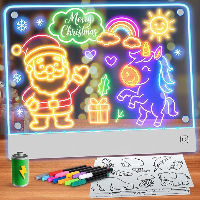 Rechargeable LED Drawing Board for Kids with 7 Colors, Magnetic LED Note Lumi Board with 4 Magnets and Invisible Stand, Li...