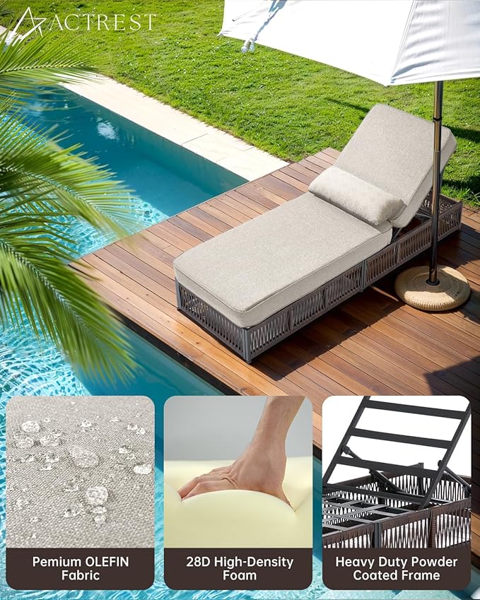 ACTREST Luxury Outdoor Chaise Lounge Chairs of 2 with 5 Inch Thick Cushions and Side Table - 3 PCS High Back Brown Wicker Rattan Patio Recliners Lounger Furniture Set for Poolside Sunbathing - Beige
