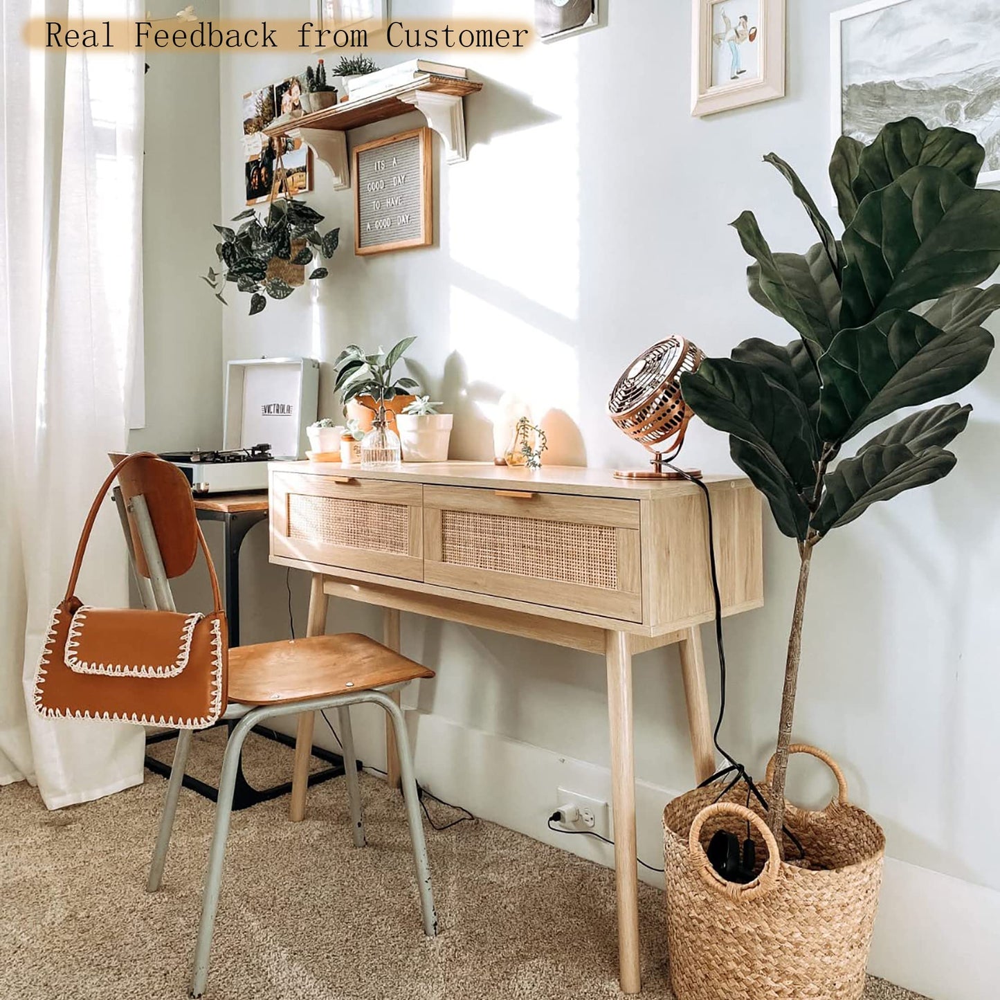 HOPUBUY Console Table Rattan Desk with Drawers, Oak Narrow Sofa Table with Pine Leg, Modern Small Entryway Table for Hallway and Living Room, 39" Rustic Natural