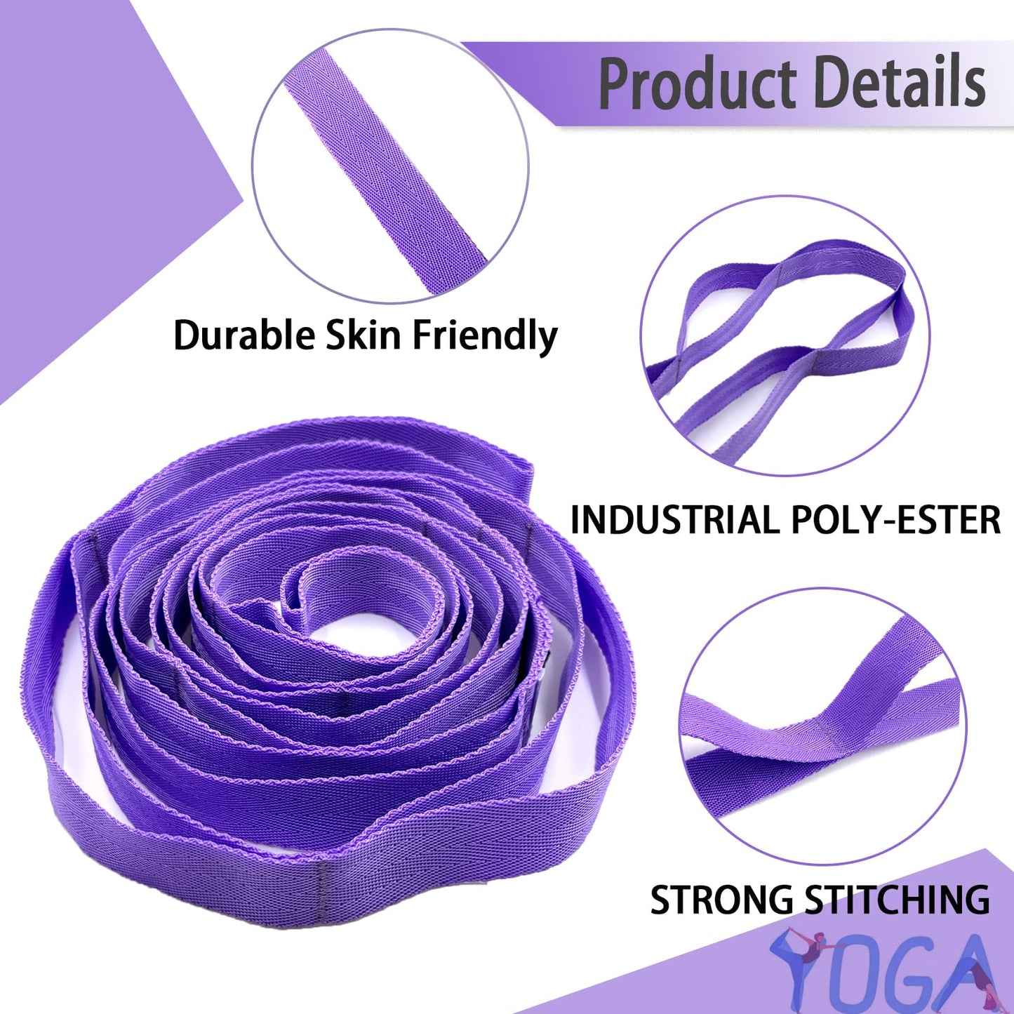 Stretching Strap Yoga Strap with Loops, Stretch Straps for Physical Therapy, Non-Elastic Exercise Strap for Pilates, Dance and Gymnastics with Workout Guide (Purple+Purple)