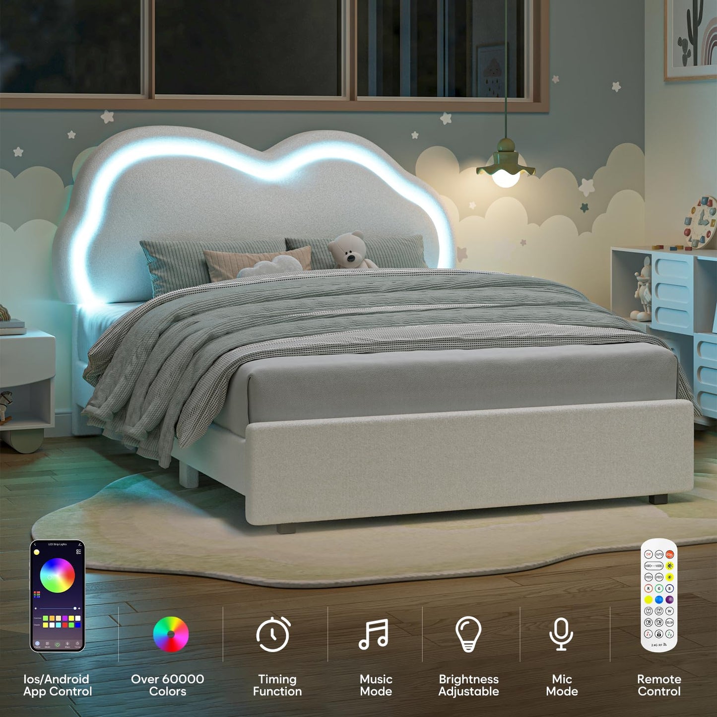 CIKUNASI Cloud Bed Frame Queen Size Platform Bed Frame with Headboard and LED Light for Girls/Kids Upholstered Queen Bedframe with Heavy Duty Wood Slat No Box Spring Needed