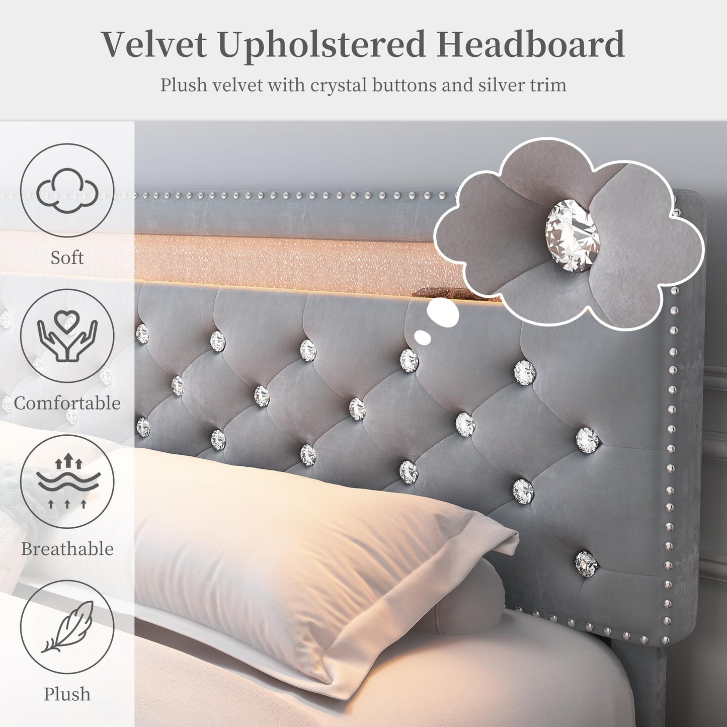 Queen Led Bed Frame with 2 Drawers, Modern Sturdy Adjustable Upholstered Crystal Button Tufted Headboard Platform Bedframe with Storage, No Box Spring Needed, Noise-Free, Easy Assembly, Velvet Grey