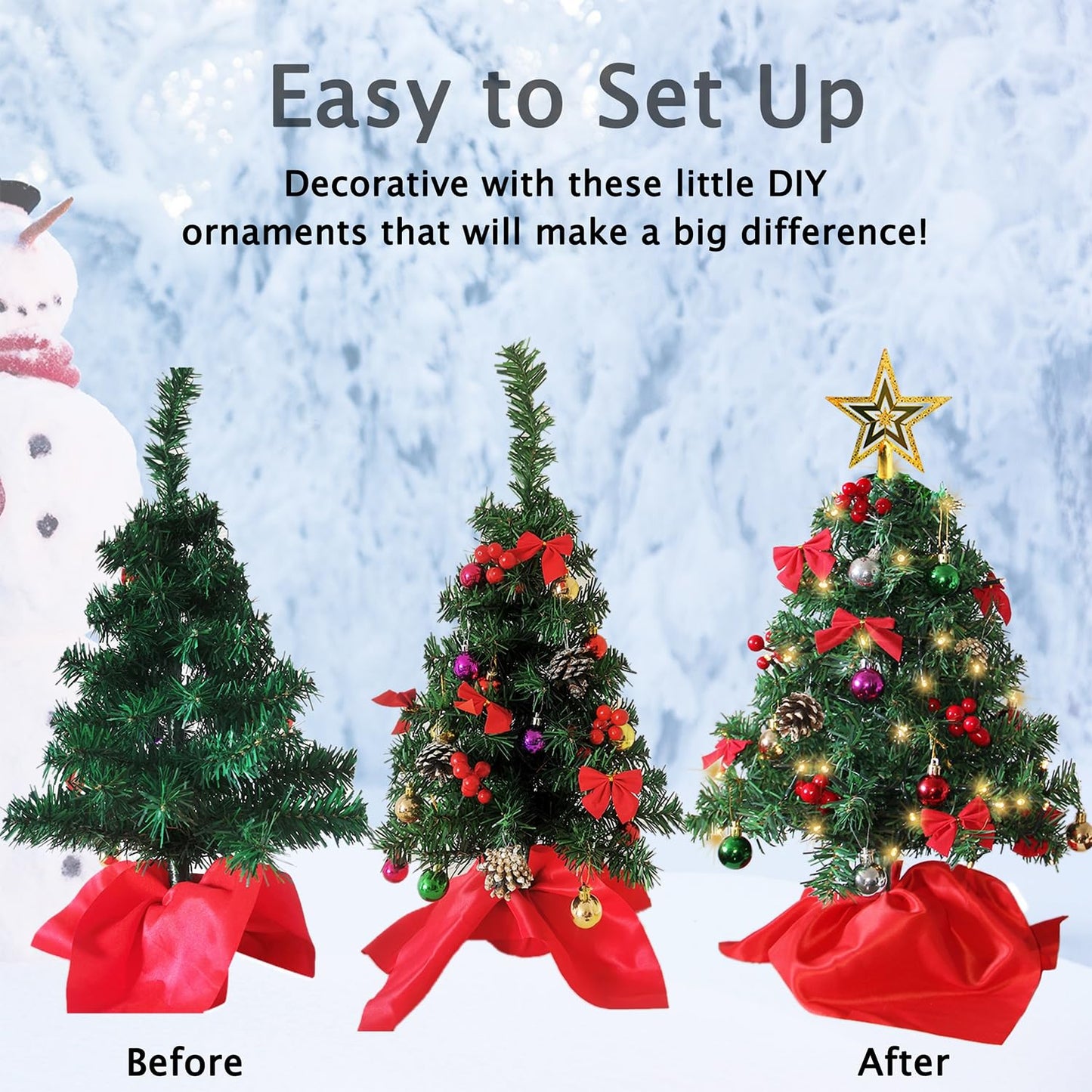Juegoal 2 Pack Mini Christmas Tree Set 24 Inch / 2 FT, Table Top Artificial Christmas Trees with 50 LED Lights, Xmas Ornaments and Red Berries, Best DIY Christmas Decorations