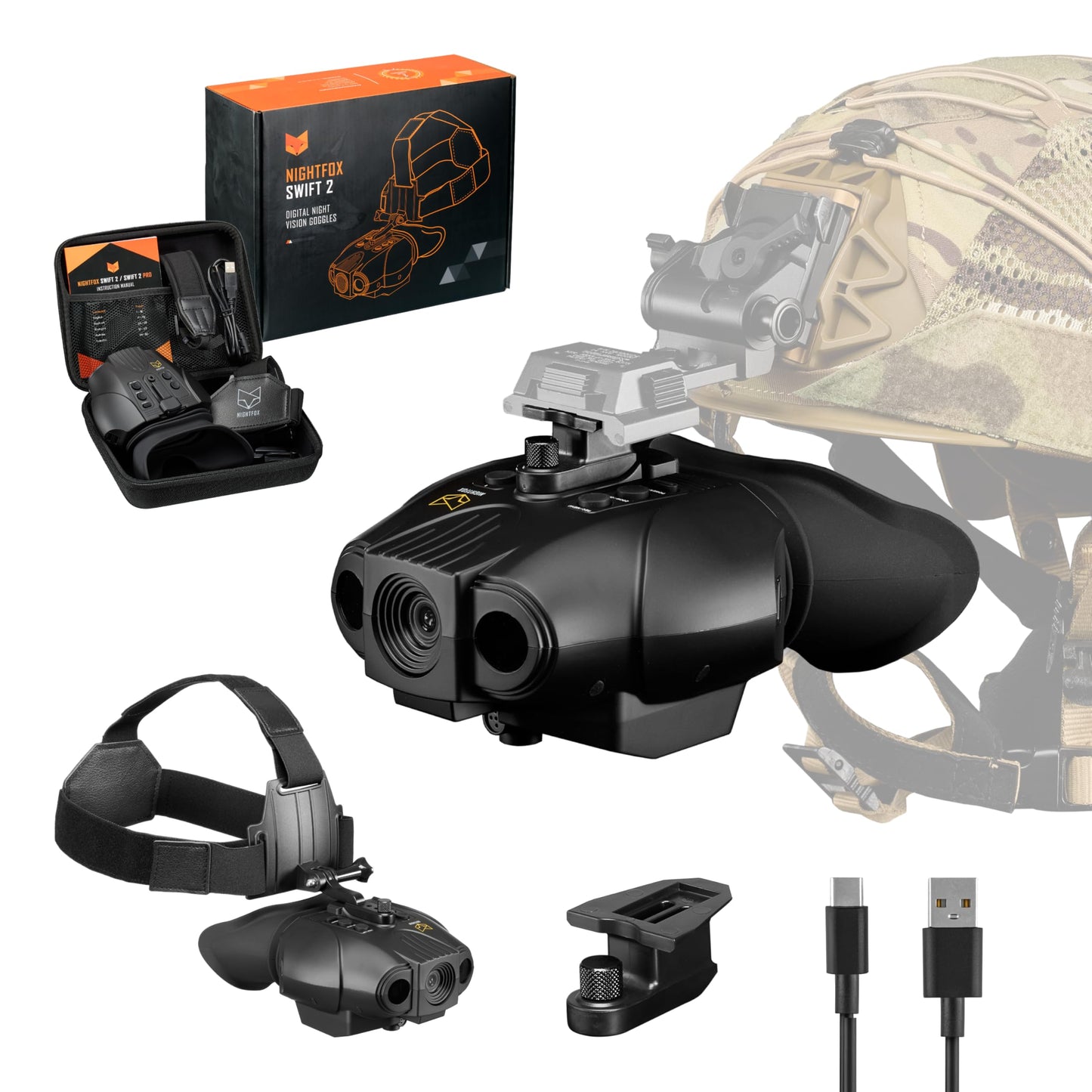 Night Vision Goggles - Nightfox Swift 2 NVG Goggles, Head or Helmet Mounted, Wide FOV, 1x Magnification, Infrared Night Vision Binoculars Stealth 940nm IR, Tactical Digital NODs for Airsoft