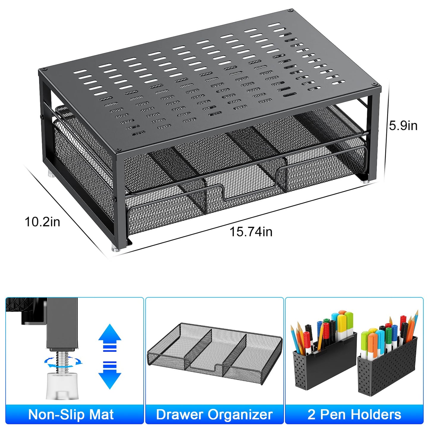 gianotter Desk Organizers and Accessories, Monitor Stand with Drawer and 2 Pen Holder, Desktop Organizer Suitable for Offices and Dormitories (Black)