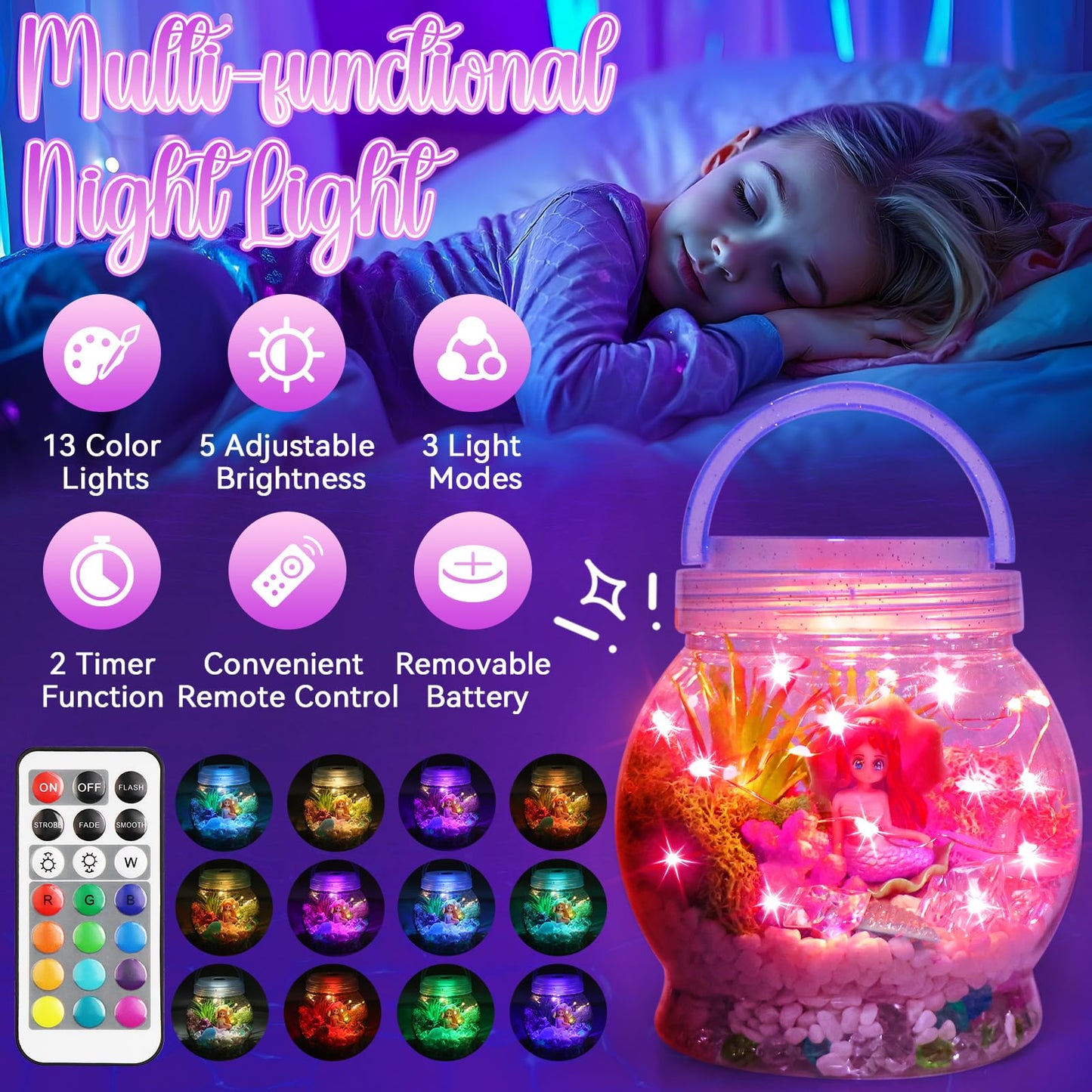 DIY Light-Up Mermaid Terrarium Kit for Kids, 3 Light Modes Mermaid Toys & Activities Kits Presents, Arts & Crafts Mermaid Gifts for Girls Age 4 5 6 7 8-12 Years Old, Birthday Gift, Bedroom Decor