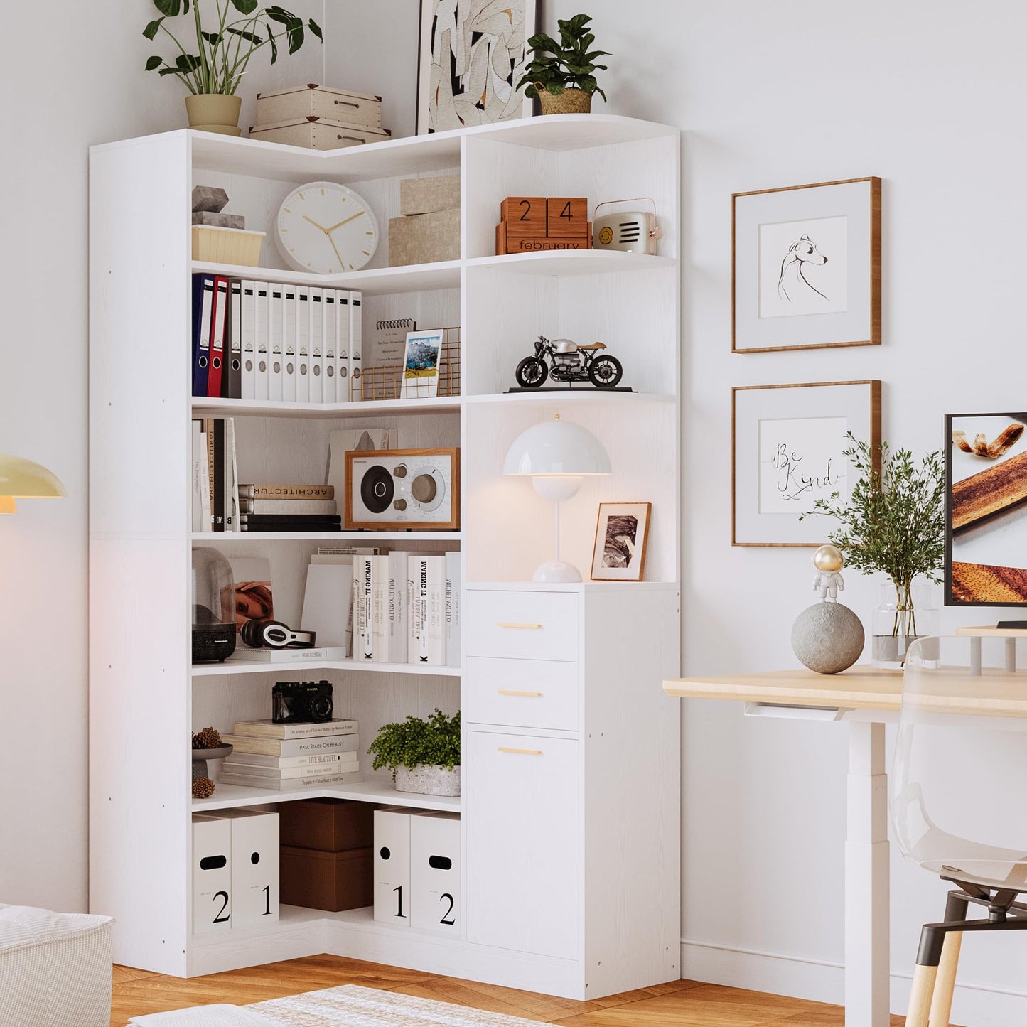IRONCK Corner Bookshelf and Bookcase with 2 Drawer and 10 Open Shelves, 76.8" Height L Shaped Storage Shelf Corner Combination, for Living Room Home Office, Modern White