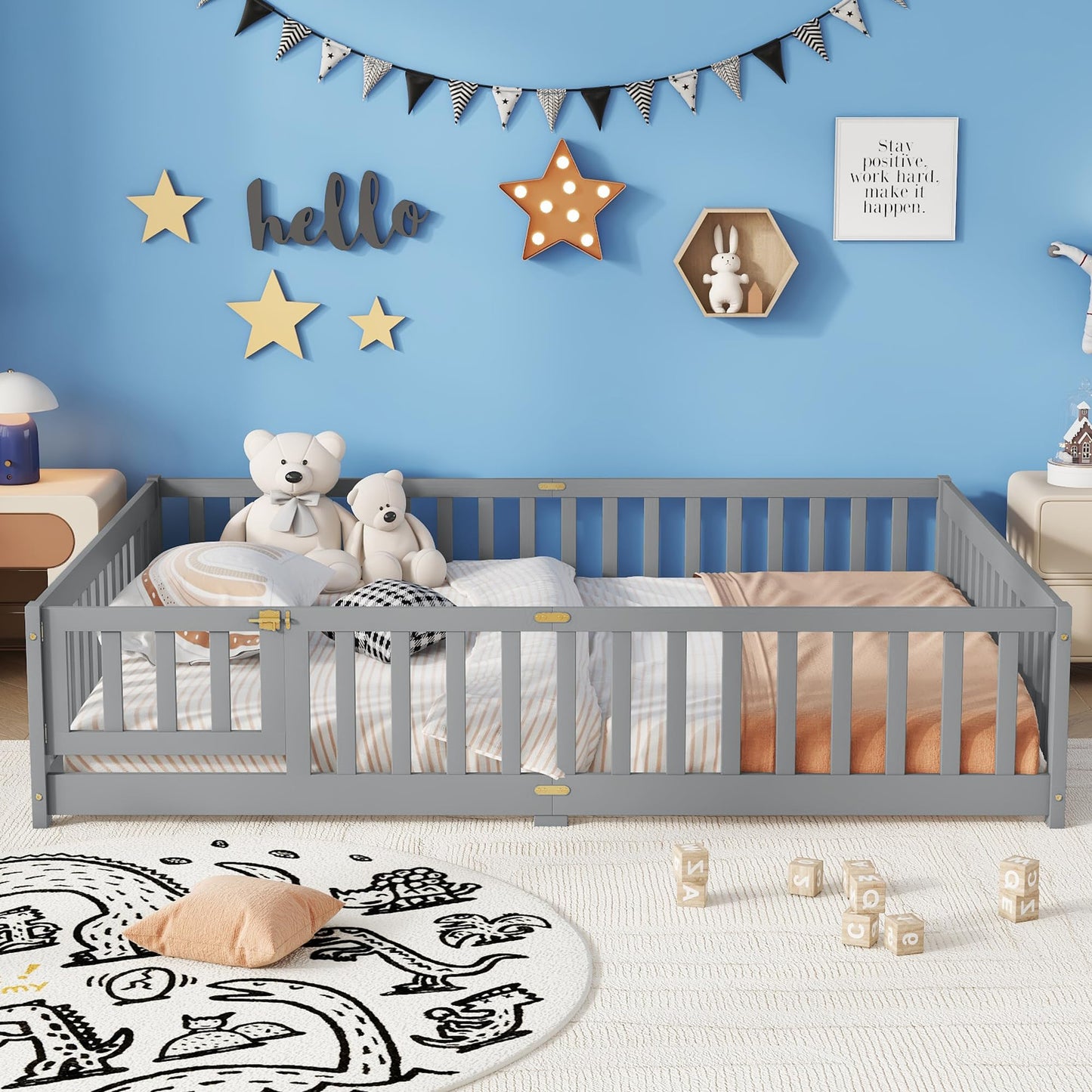 Aurnienofus Full Size Floor Bed Frame with Door and Fence,Montessori Floor Bed with Slats and Safety Guardrails for Girls Boys, Sturdy Wood Montessori Bed Frame, Grey