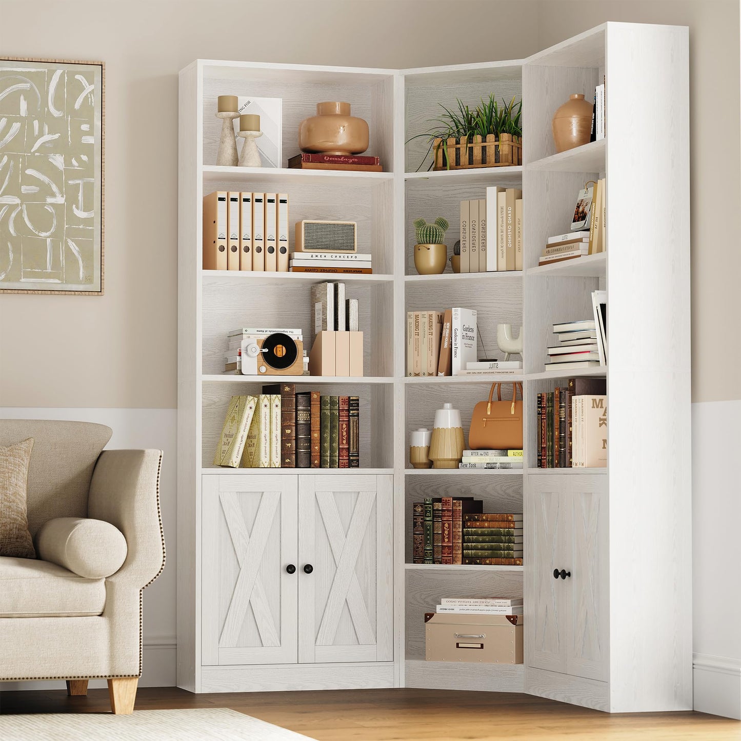 ANCTOR Large Corner Bookcase with 2 Storage Cabinets and 18 Shelves, 7 Tiers L Shaped Wood Bookshelf, 71" Tall Corner Hutch for Living Room, Bedroom, White