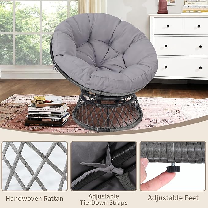 40" Ergonomic Wicker Papasan Chair, 360° Swivel Indoor Outdoor Rattan Chair with Soft Thick Cushion, Ideal for Living Room, Bedroom, Reading Room, Grey Frame with Light Grey Cushion